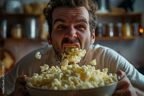 Greedy man overwhelmingly eating popcorn photo