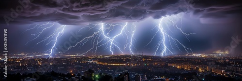 Lightning top view A dramatic top view of lightning striking a cityscape  representing the power and unpredictability of natural energy Scifi tone  Vivid