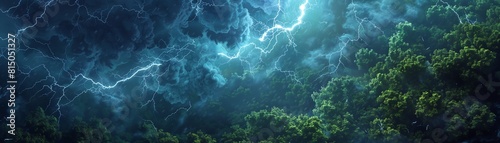 Lightning top view An intense aerial view capturing the moment lightning strikes a remote forest area, illustrating the raw power of natural electricity Scifi tone, Vivid