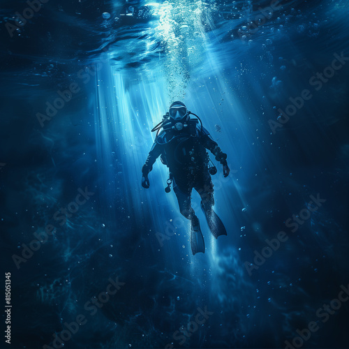 Scuba diver exploring the deep blue ocean with sunlight filtering through water.