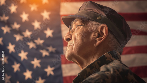 elderly veteran war hero senior latin hispanic american male old man on the background of the American flag	