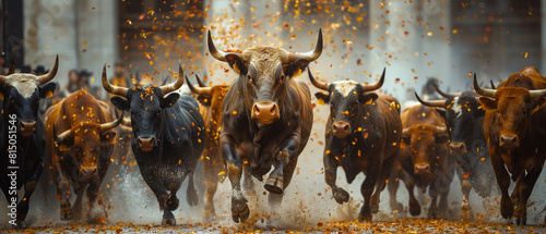 Herd of bulls running powerfully, kicking up dust.