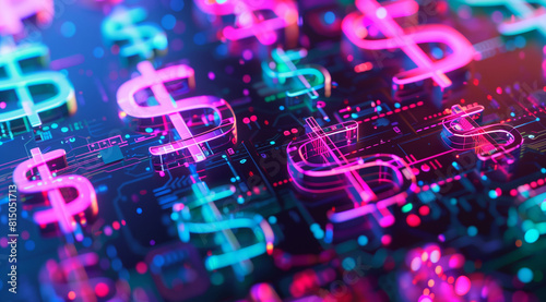 3D render of colorful dollar signs and graphs on an electronic board, isometric view, vibrant colors, highly detailed, in the style of a stock photo.