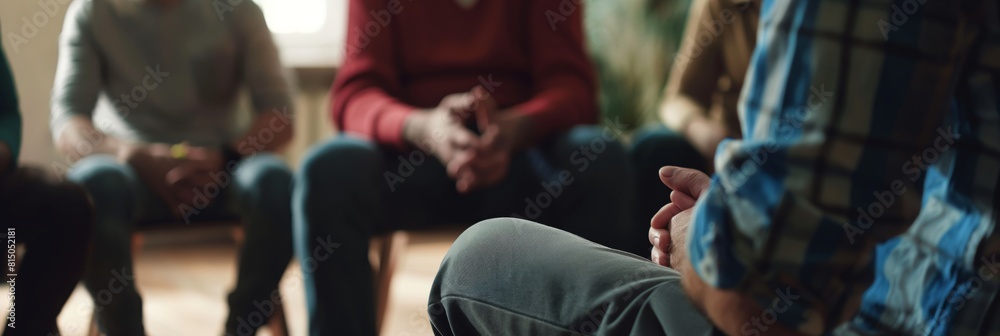 A close-up of participants' hands during a group therapy session, highlighting emotional support A close-up of participants' hands during a group therapy session, highlighting emotional support