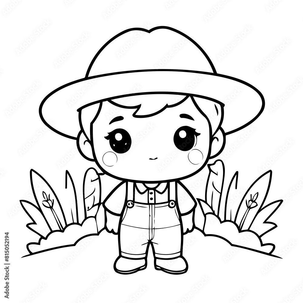 Fototapeta premium Cute vector illustration Farmer for kids colouring worksheet
