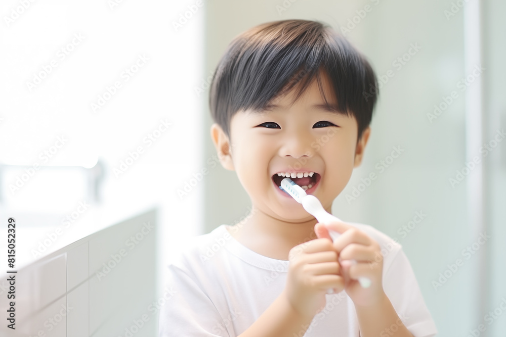 Smiling asian kid brushing teeth, generative AI Smiling asian kid brushing teeth, generative AI