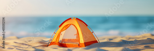 tent on the beautiful beach and sky background. Ai generative. photo