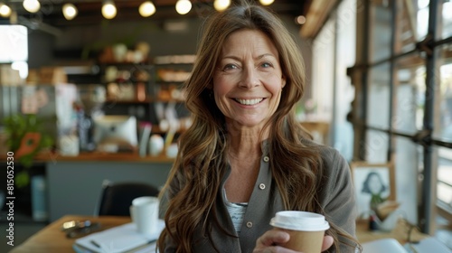 Smiling Woman Holding Coffee Cup photo
