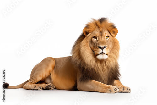 A majestic lion relaxing on a white surface  generated by Generative AI.