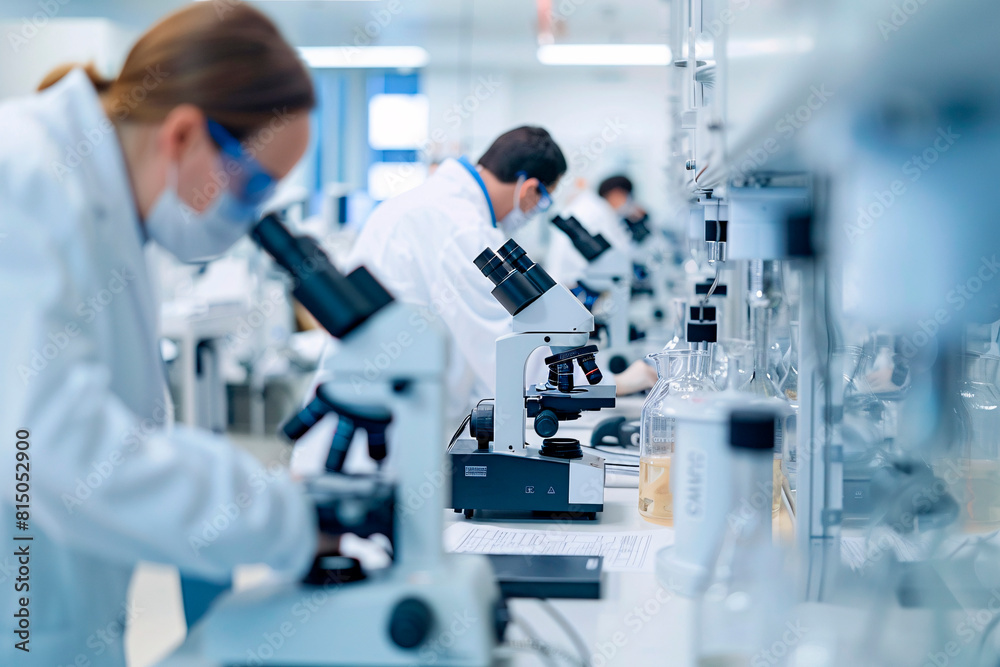 In professional lab setting individual wearing white lab coat focused on microscope. Around other laboratory workers are engaged. Scientific research in progress. In professional lab setting individual wearing white lab coat focused on microscope. Around other laboratory workers are engaged. Scientific research in progress.