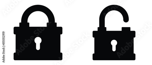 Black isolated icon of locked and unlocked lock on white background. Set of Silhouette of locked and unlocked padlock. Flat design. vector illustration. eps 10