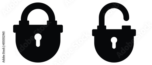 Black isolated icon of locked and unlocked lock on white background. Set of Silhouette of locked and unlocked padlock. Flat design. vector illustration. eps 10