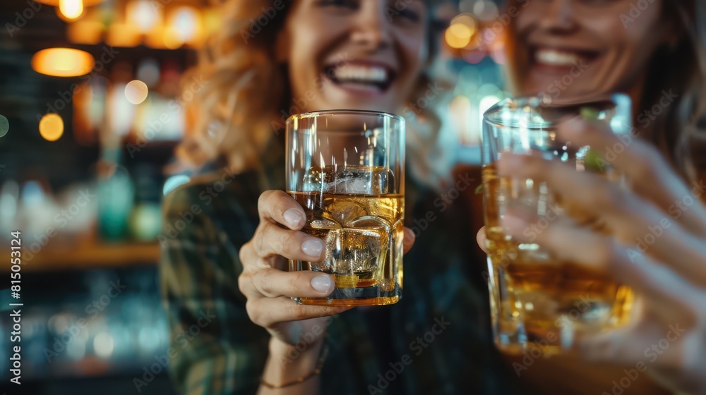 Cheerful female friends holding glasses filled with whiskey, toasting at a vibrant bar with a blurred background