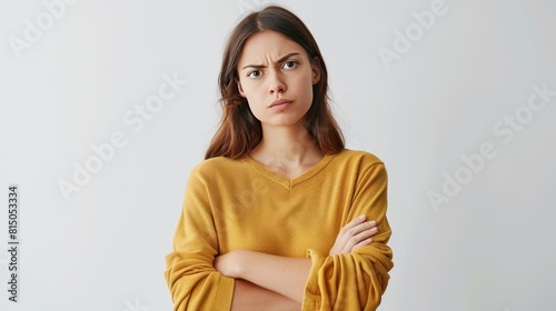 A person crosses their arms looking unconvinced with a raised eyebrow photo