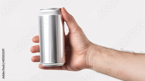 a hand holding a clean soda can, isolated against a clear white background for mockup