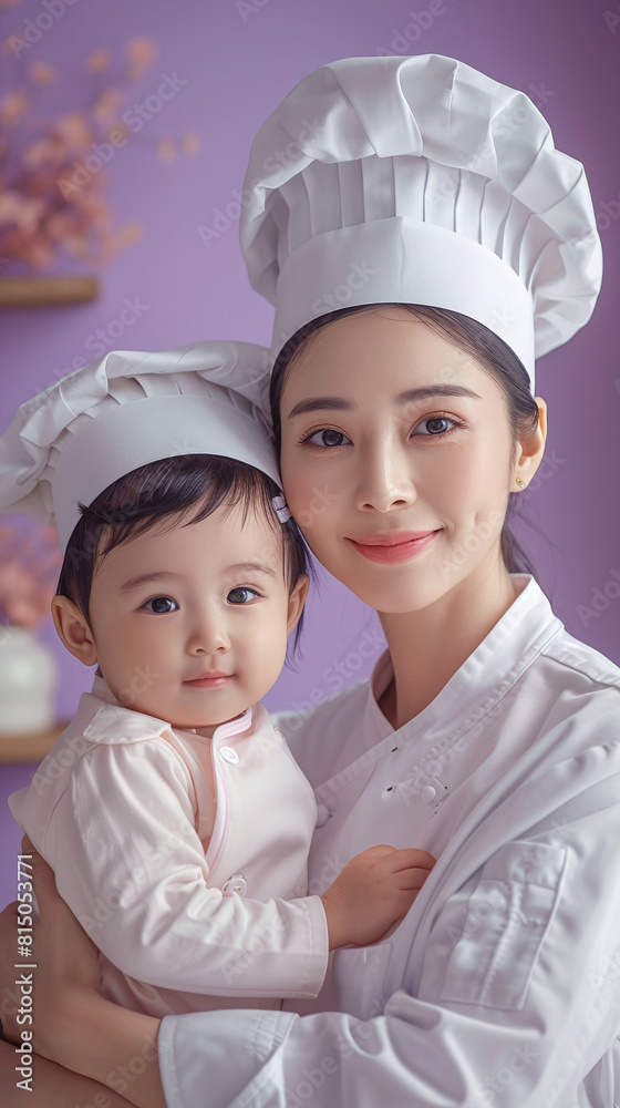 Asian Female Chef Holding Baby in White Uniform Purple Background Asian Female Chef Holding Baby in White Uniform Purple Background