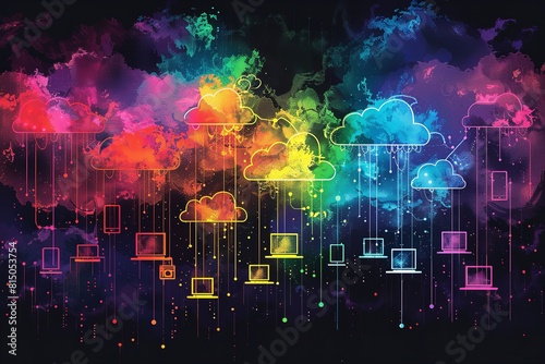 Cloud computing concept with many electronic devices connected to the clouds.