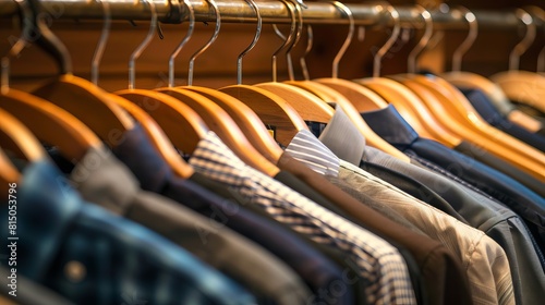 "Collection of Men's Shirts Hanging on Wooden Hangers - Stock Image"
