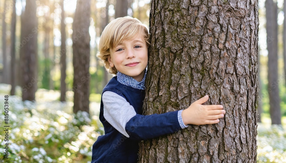 child hugging a tree in the outdoor forest. Concept of battling a global problem of carbon dioxide and global warming child hugging a tree in the outdoor forest. Concept of battling a global problem of carbon dioxide and global warming
