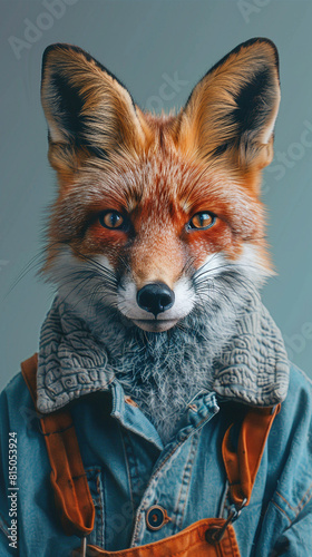 Red Fox Portrait in Stylish Denim Jacket and Grey Knitted Scarf on Blue Background