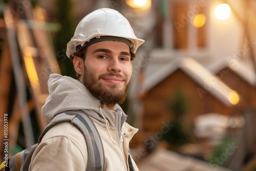 Young Caucasian Man with Beard as a Collaborative Construction Worker at Outdoor Site