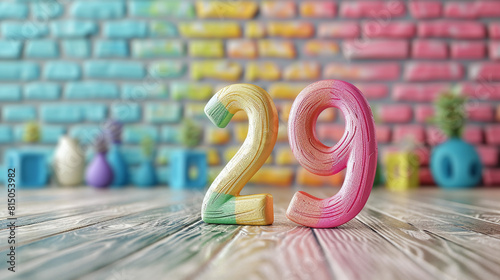 Multicolored Number 29 on Wood Table with Brick Wall Background in Pastel Colors photo