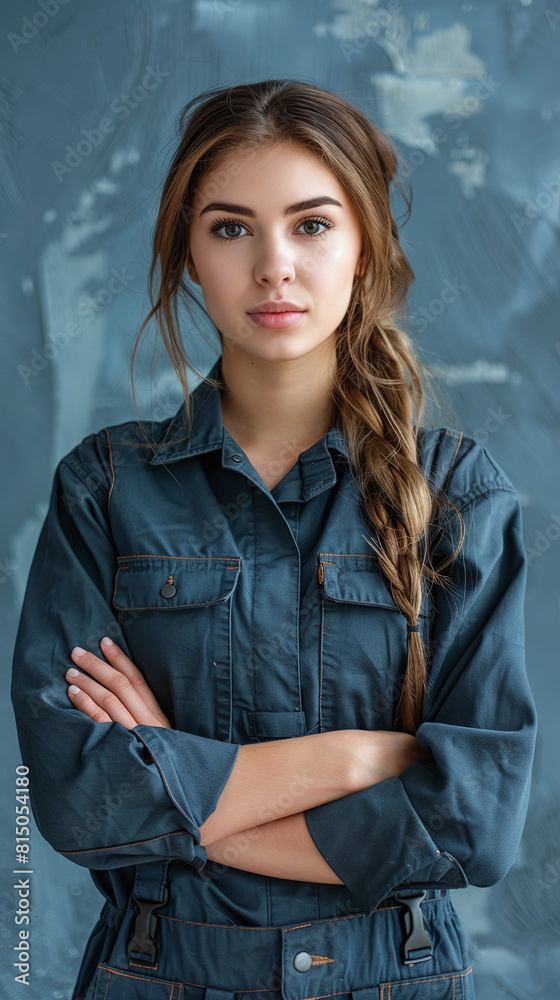 Confident Young Woman in Blue Workwear Jacket with Arms Crossed Grey Textured Background