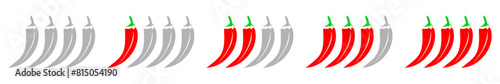 Chili spicy meter, product spicy degree symbols. chili pepper red icons. Paprika hot meter sign for label of product. Vector spicy food mild and extra hot sauce. photo