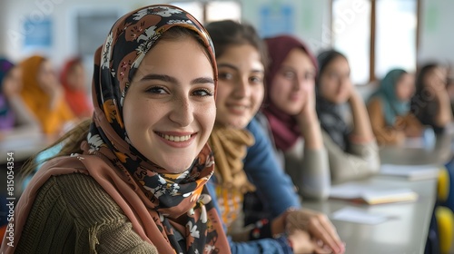 A group of young women in a classroom, wearing traditional headscarves. © SprintZz