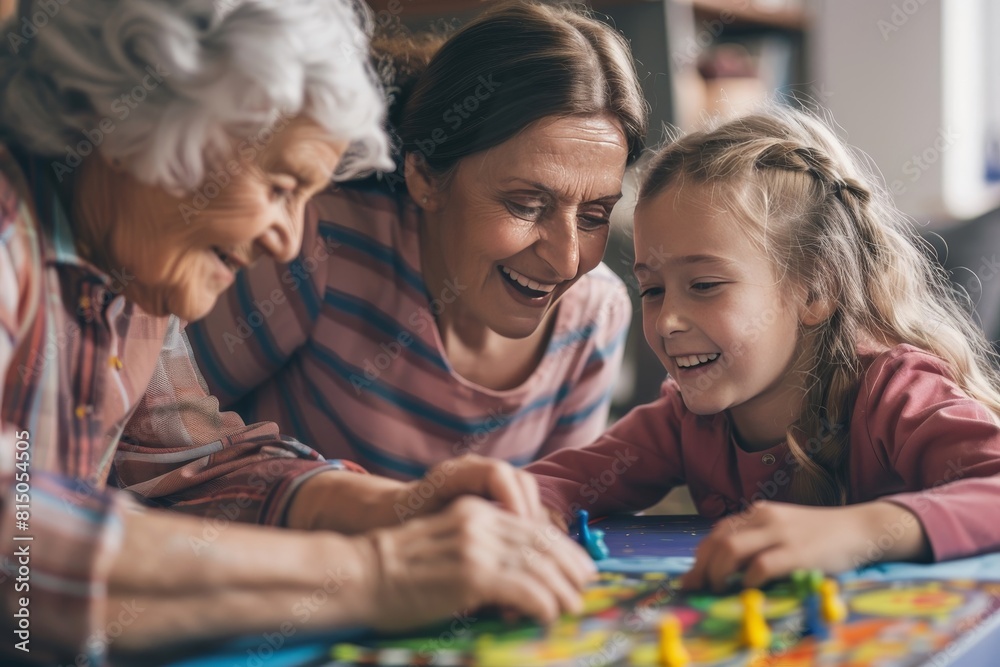 a photorealistic photo of a happy Grandmother and granddaughter playing board games a photorealistic photo of a happy Grandmother and granddaughter playing board games