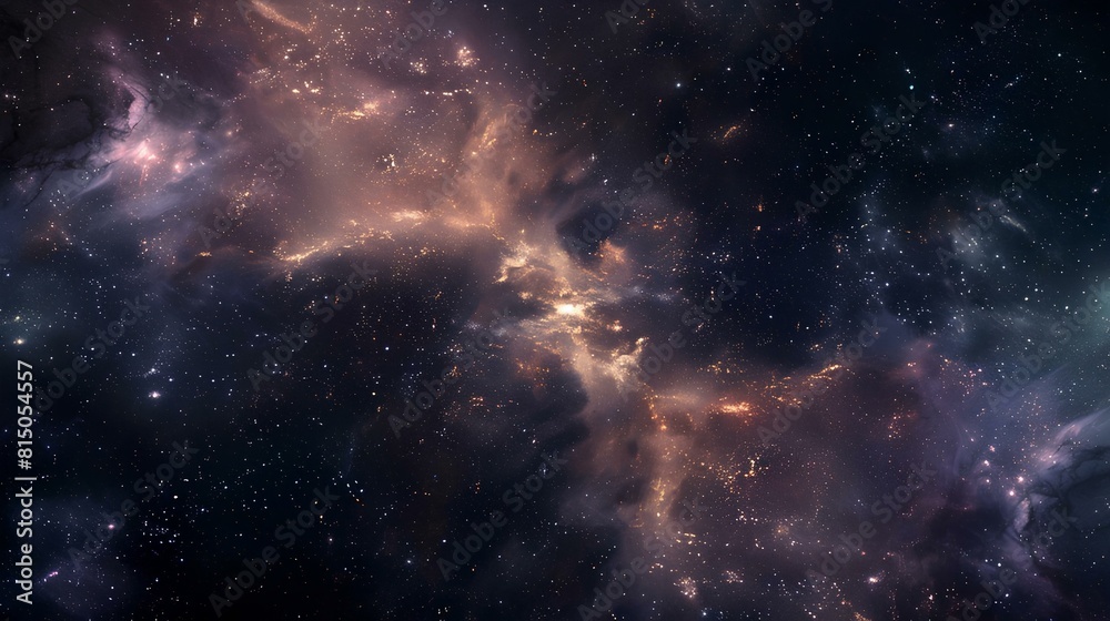 Interstellar space, stars, nebula and dust in the cosmos.