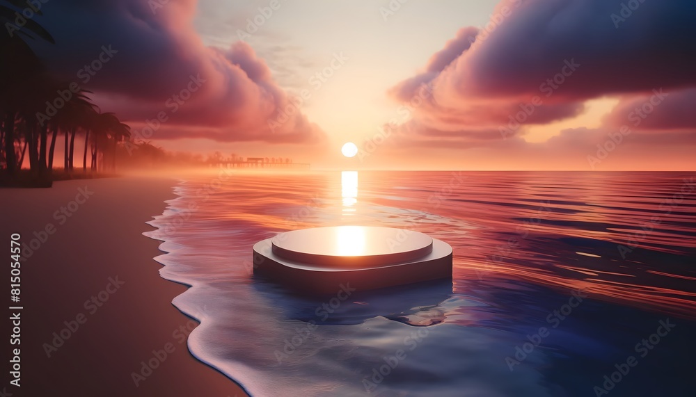 A sleek podium reflects the golden hues of a sunset on a tranquil beach, framed by dark clouds and palm trees. A sleek podium reflects the golden hues of a sunset on a tranquil beach, framed by dark clouds and palm trees.