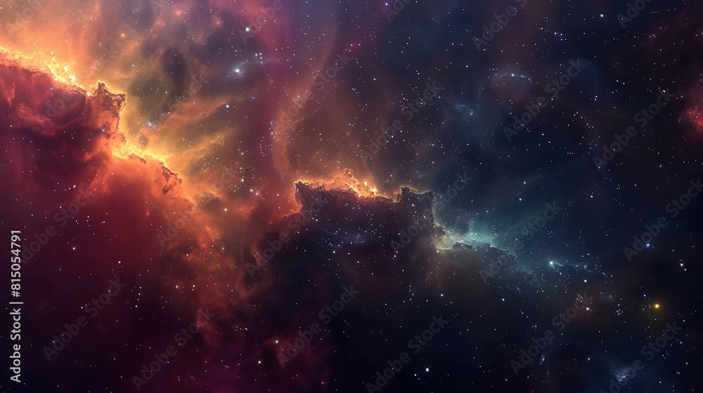 The image is a depiction of a nebula, a vast interstellar cloud of dust, hydrogen, helium and other ionized gases. The image is a depiction of a nebula, a vast interstellar cloud of dust, hydrogen, helium and other ionized gases.