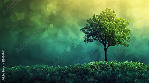 Vibrant Green Tree on Lush Grass with Abstract Blue Green Polygonal Background