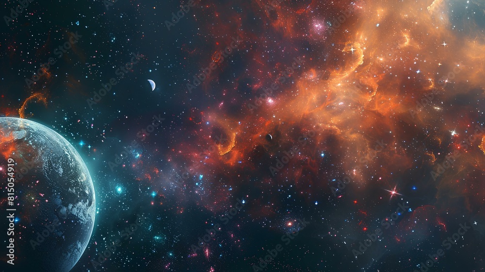 The image is showing a beautiful space scene with a planet. There are many stars and a colorful nebula in the background. The image is showing a beautiful space scene with a planet. There are many stars and a colorful nebula in the background.