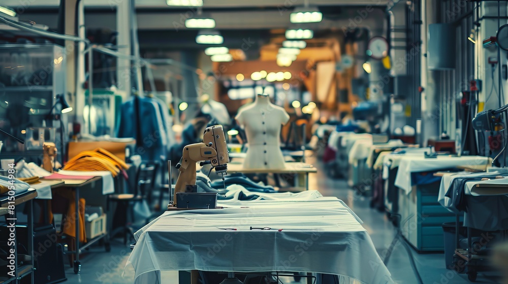 Interior of a garment manufacturing facility. Fashion industry, fashion designer workshop, production concept. Interior of a garment manufacturing facility. Fashion industry, fashion designer workshop, production concept.