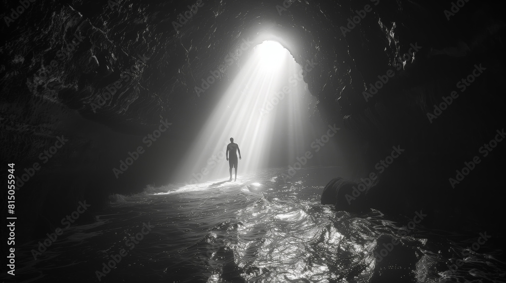 Obraz premium light at the end of tunnel with person on this way, black and white image
