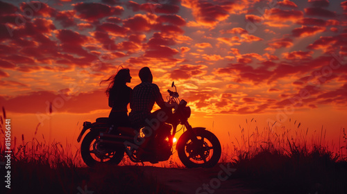 Silhouettes of a couple in love with a motorcycle on the background of the sunset sky