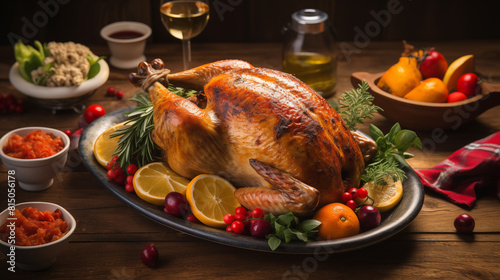 Baked chicken with golden crust and various vegetables on wooden background, Christmas or Thanksgiving concept