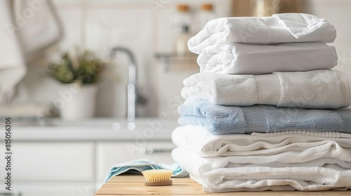 A "Stack of clean laundry bedding sheets on table in bathroom stock photo" typically captures the essence of cleanliness, orderliness, and domestic care.