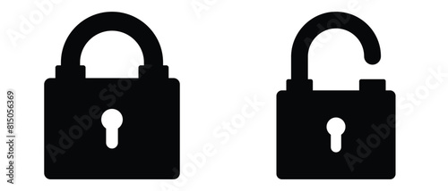 Black isolated icon of locked and unlocked lock on white background. Set of Silhouette of locked and unlocked padlock. Flat design. vector illustration. eps 10