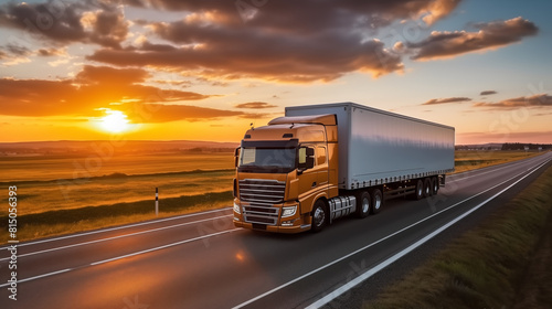 Big truck moving a highway on the sunset, concept of business and delivery industry © lisssbetha