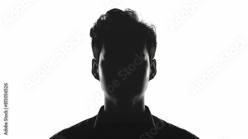 Silhouette of hidden male middle - aged person over white , back lit light , studio shot isolated on white background