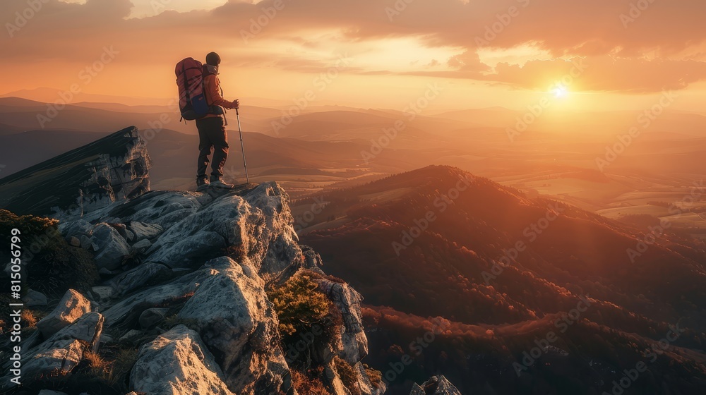 Hiker overlooking sunset from cliff, backpack visible, realistic capture, portrait orientation, serene atmosphere