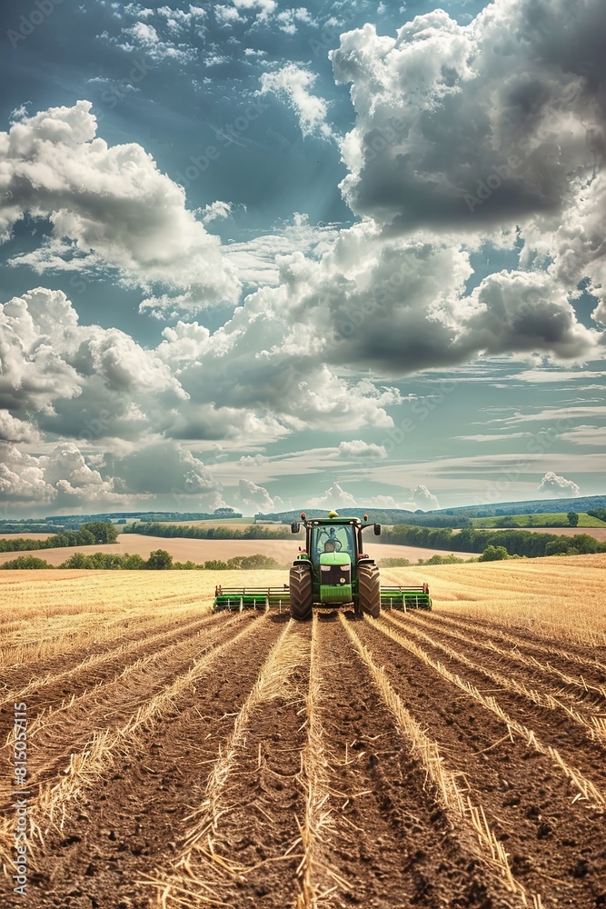 Fototapeta premium green tractor plows grain fields with sky with clouds