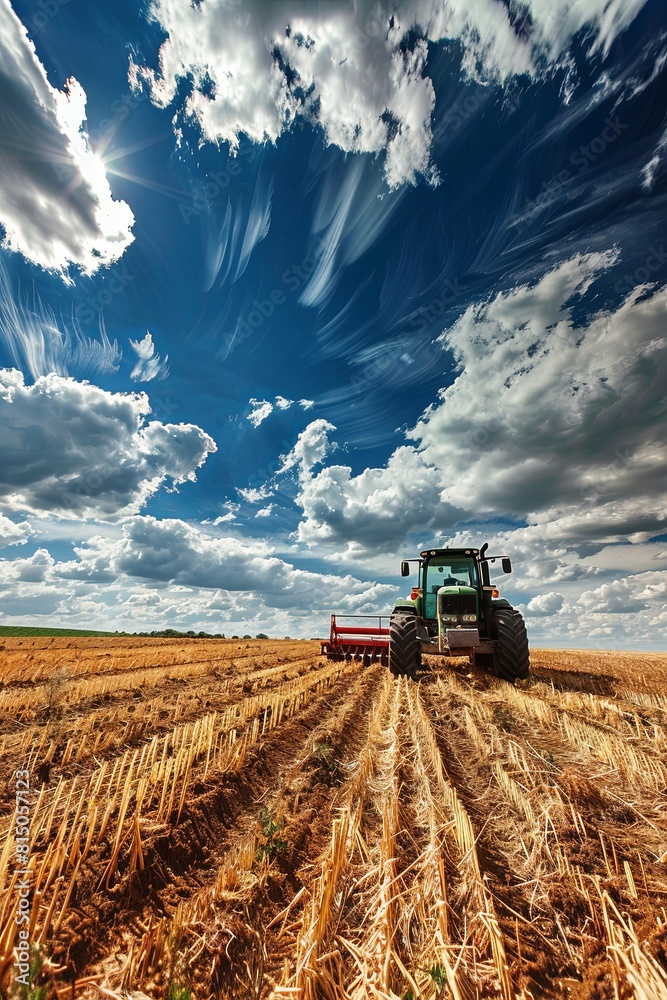 Fototapeta premium green tractor plows grain fields with sky with clouds