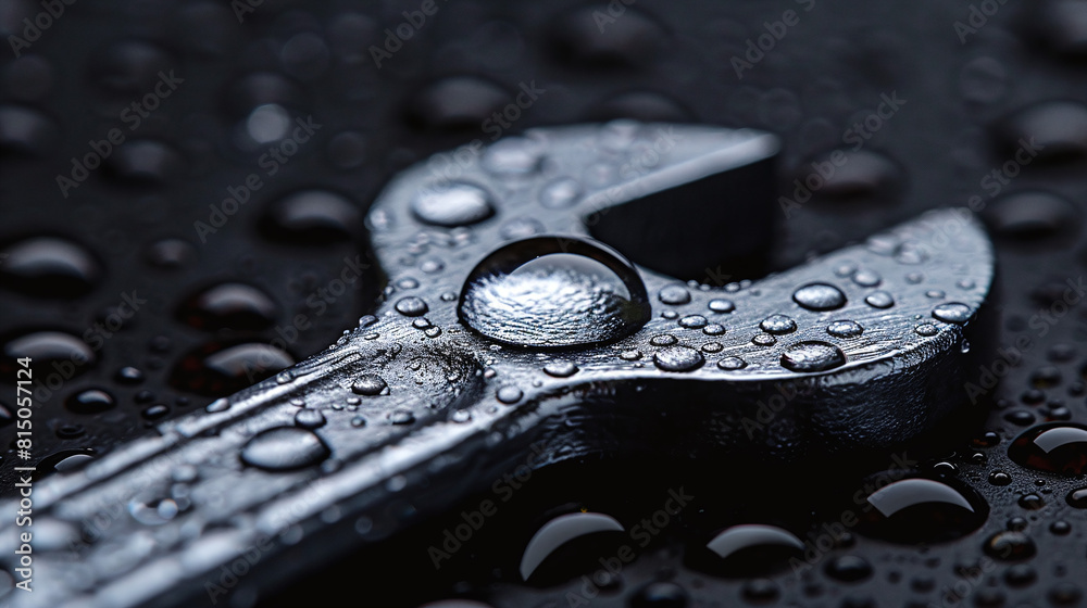 Close Up Black Metal Wrench with Water Droplets on Dark Reflective Surface Close Up Black Metal Wrench with Water Droplets on Dark Reflective Surface