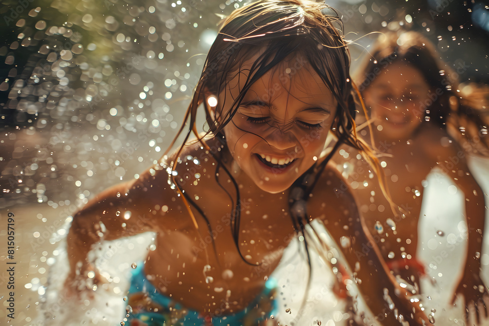children running through sprinklers and laughing joyfully in a backyard, epitomizing the carefree and playful spirit of summertime fun children running through sprinklers and laughing joyfully in a backyard, epitomizing the carefree and playful spirit of summertime fun