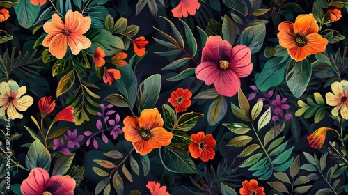 Seamless pattern of folk style watercolor flowers with wildflowers green leaves and decorative background