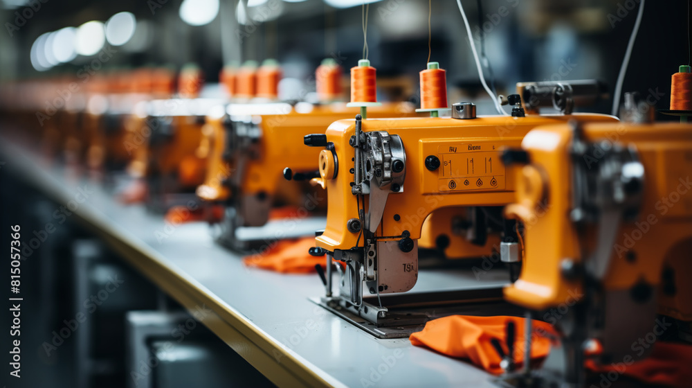 Selected focus. Interior of garment factory shop. Tailoring industry.